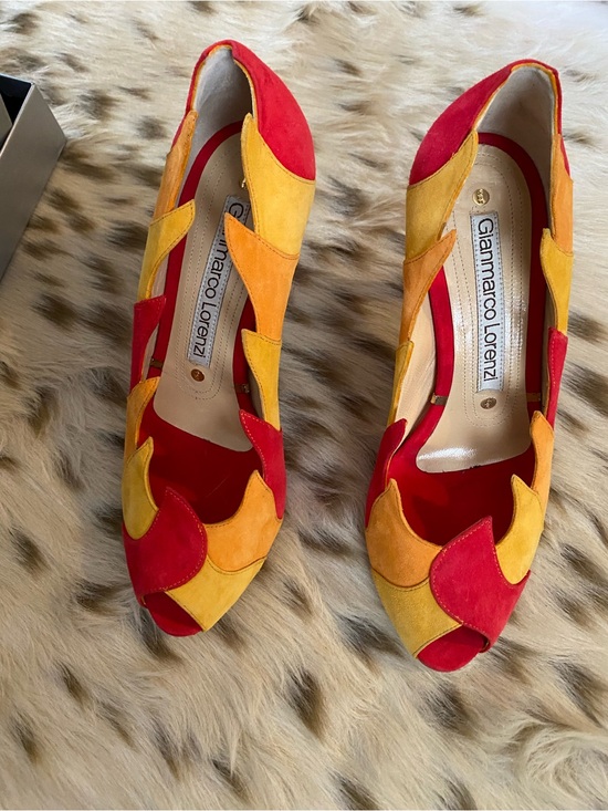 Gianmarco Lorenzi Shoes - Gianmarco Lorenzi Red, Yellow & Orange Suede Peep-Toe Pumps